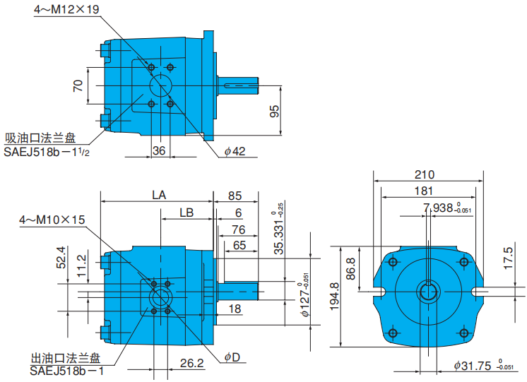 日本NACHI齿轮泵IPH-5B-*-11（法兰式右转）安装尺寸图